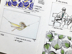 raamtekening jazz koffiebar trombone